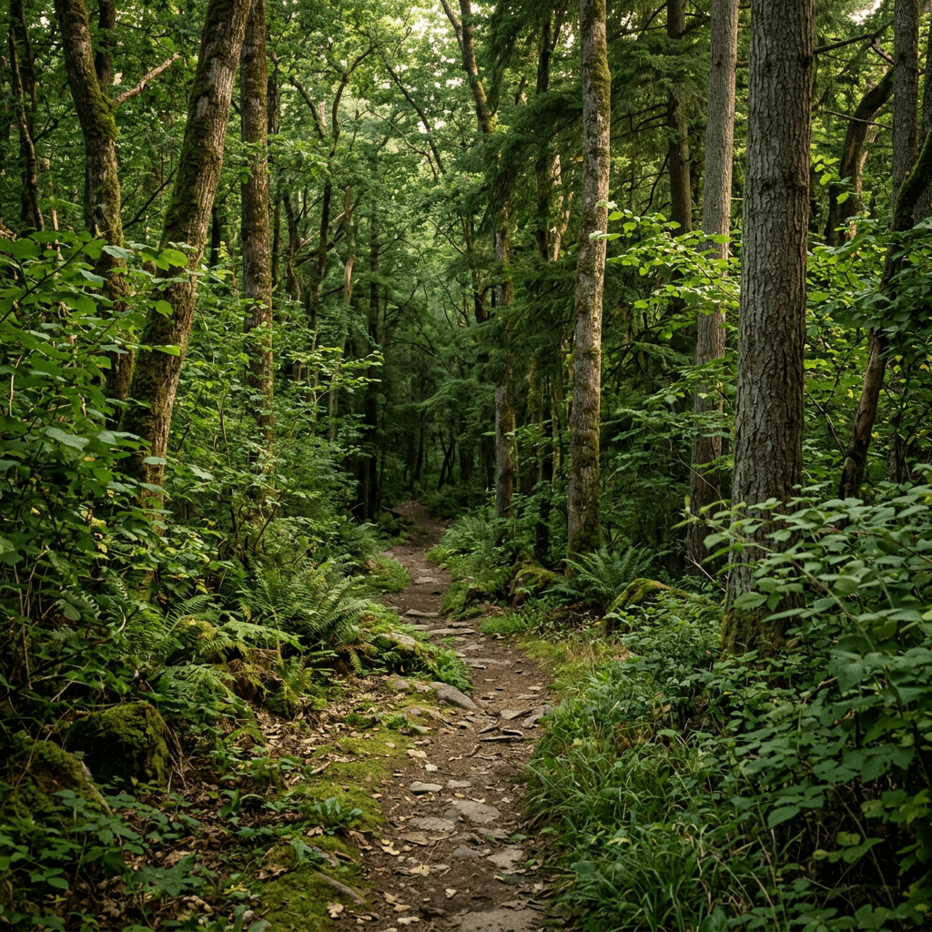 Narrow dirt trail surrounded by tall trees and dense green foliage in a forest